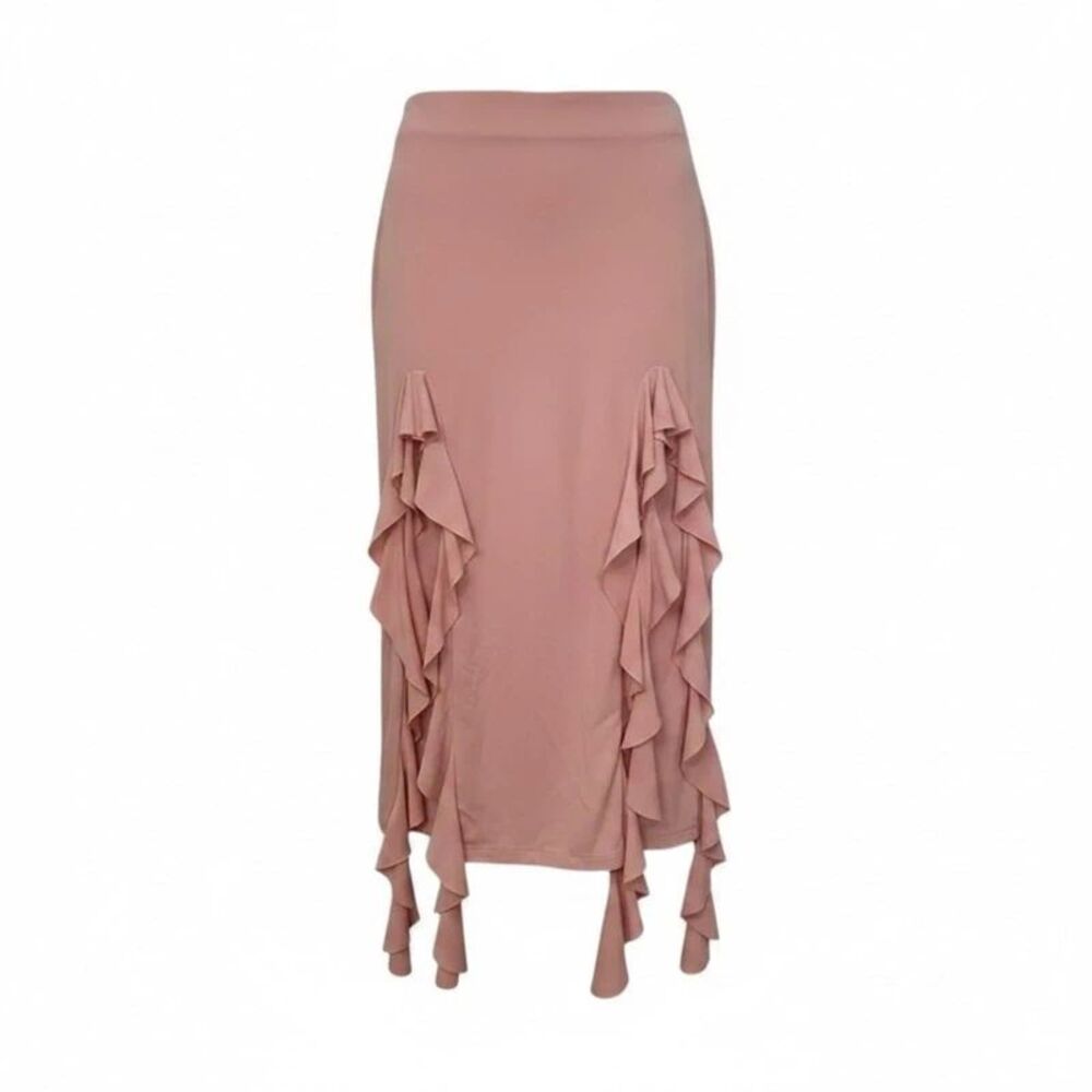 Aqua Lettuce Front Slits Midi Skirt Rose L